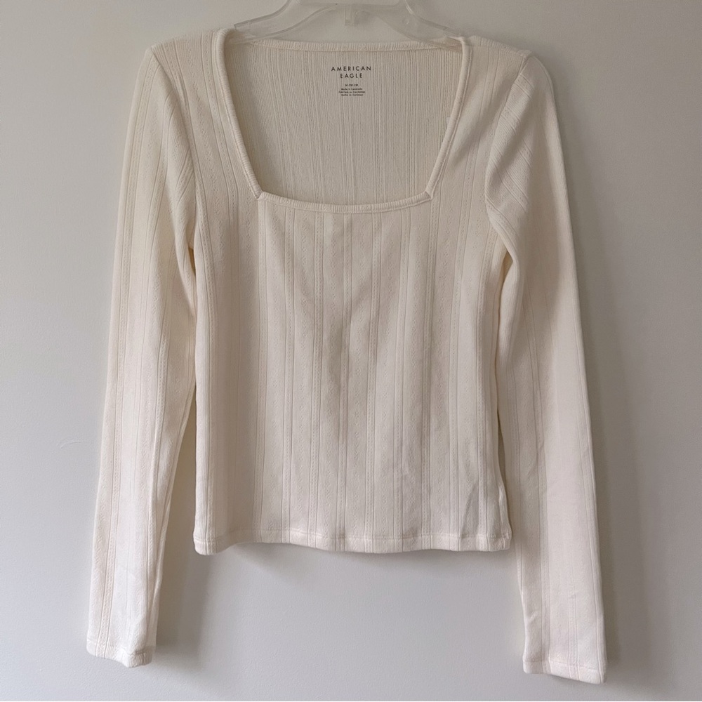 American Eagle Pointelle Square Neck Top Medium Cream Soft Dainty Girly NEW